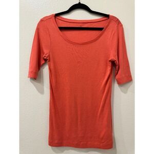 Caslon Womens Medium Coral Orange Scoop Neck Elbow Sleeve Slim Fit Tee Shirt